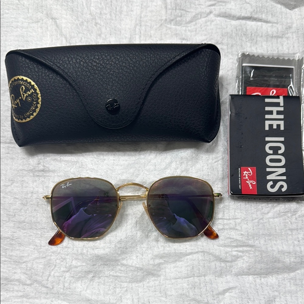 Ray-Ban Gold Hexagonal Sunglasses, pink tinged lenses with Black Case